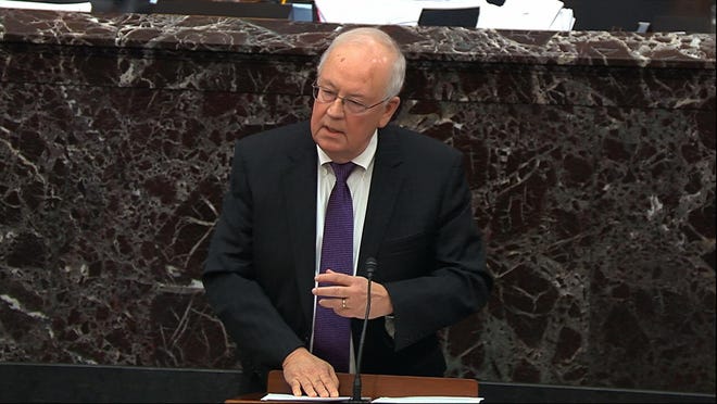 In this image from video, Ken Starr, an attorney for President Donald Trump, speaks during the impeachment trial against Trump in the Senate at the U.S. Capitol in Washington, Monday, Jan. 27, 2020. (Senate Television via AP)