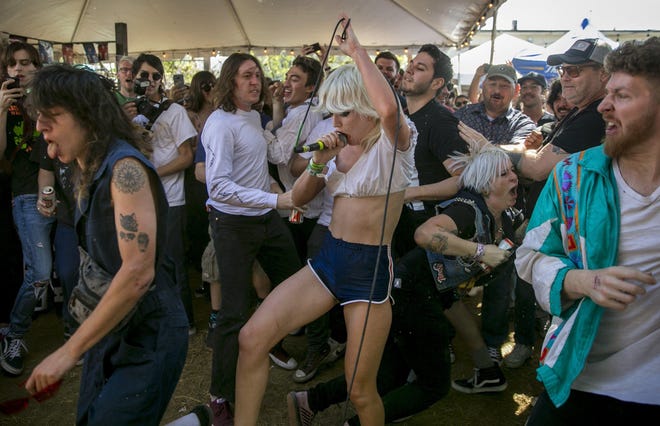 Amy Taylor of the Melbourne, Australia, punk band Amyl and the Sniffers performs at the Levitation Party at Hotel Vegas during SXSW on Friday March 14, 2019. [JAY JANNER/AMERICAN-STATESMAN]