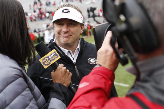 Georgia coach Kirby Smart speak with the media after an NCAA football spring G-Day game in Athens, Ga., Saturday, April 20, 2019. [Photo/Joshua L. Jones, Athens Banner-Herald]