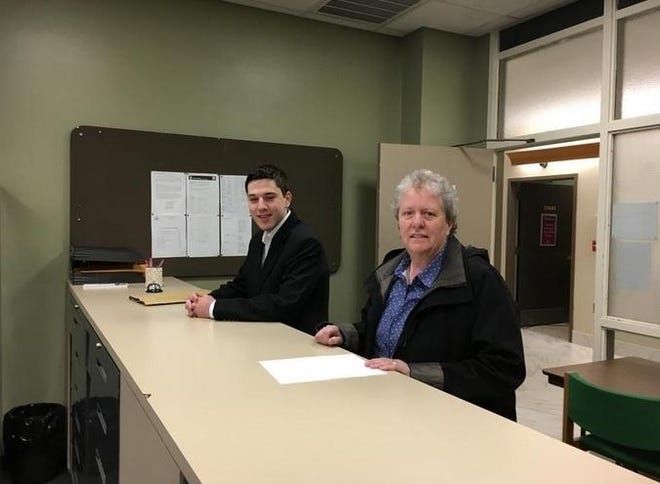 Collin Dias and Michelle Dionne take out nomination papers for City Council at Government Center in April 2019. Dias later alleged many signatures submitted by Dionne were forged or illegible. [Herald News File Photo | Jo C. Goode]