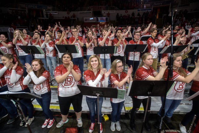 The Bradley pep band chants and claps before the start of an MVC game against archrival Illinois State on Wednesday, Jan. 22, 2020 at Carver Arena. [MATT DAYHOFF/JOURNAL STAR]