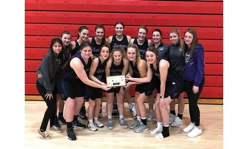 The Valley Heights girls pose with the Twin Valley League Tournament trophy after beating Centralia 53-38 in the title game last Saturday in Washington. [Submitted]