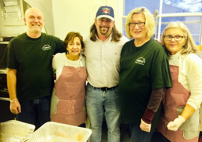 The Marstons Mills Village Association cooks include: Robert Trout, Debbie Lavoie, Barnstable Town Councilor Matt Levesque, Barbara Ryshavy, and Donna Lawson.