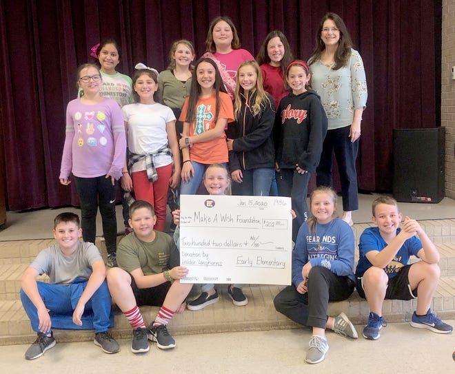 The fifth grade Leader Longhorns held a fundraiser before Christmas break and made a donation of $202 to the Make a Wish Foundation. Pictured are (front row, from left) Kade Russell, Kaden Burleson, Ellie Shea, Sydney Greaves, and Kendal Burleson; (second row) Lexi Sigle, Allyannah Rodriguez, Kayleigh Torrez, Hadley Johnson, and Grey Pruett; (back row) Aidelyn Riquetty, Saedy Anderson, Robin Johns, Sarah Gilligan, and sponsor Mrs. Mays. Not pictured are Calder Damron, Hutsyn Hohertz, Aleeya McCombs, Jordan Rutherford, Pearl Sharp, Hallie Thornberry. [Photo contributed]