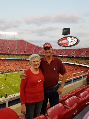 Patrick Donnelly spent decades attending Kansas City Chiefs games and is shown here with his wife, Judy. Donnelly, a 50-year Chiefs season ticket holder, recently won a lottery for season ticket holders that awarded him an all-expenses paid trip to Miami and two tickets to Sunday's Super Bowl pitting the Chiefs against the San Francisco 49ers. [Submitted]