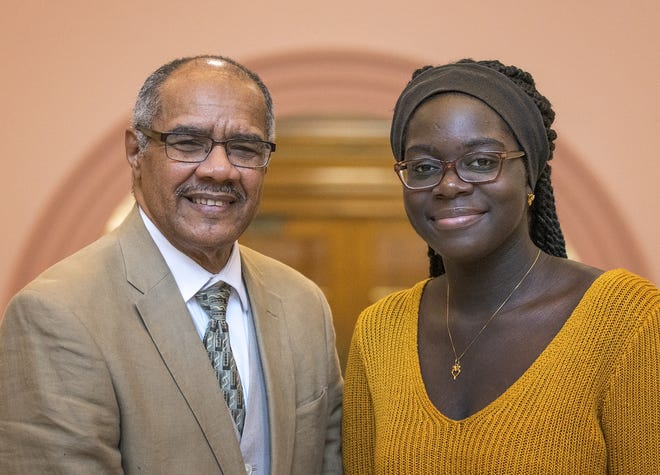 Worcester's new poet laureate Juan Matos and youth poet laureate Amina Mohammed. [T&G Staff/Rick Cinclair]