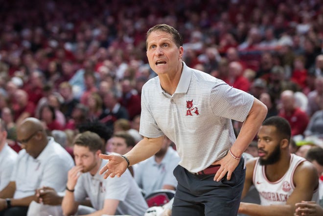 Arkansas Razorbacks head coach Eric Musselman yells towards a referee Wednesday during the first half of the game against the South Carolina Gamecocks at Bud Walton Arena in Fayetteville. [Brett Rojo-USA TODAY]