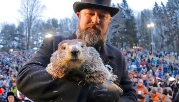 Groundhog Club co-handler A.J. Dereume holds Punxsutawney Phil, the weather prognosticating groundhog, during the 2019 celebration of Groundhog Day in Punxsutawney, PA. On Cape Cod, friends of the MSPCA and fans of an early spring are holding a Polar Bear Plunge at Craigville Beach at noon Sunday. [AP PHOTO]