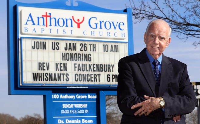 Rev. Ken Faulkenbury, posing outside the Anthony Grove Baptist Church in Crouse, will soon retire after 61 years of ministry. [Mike Hensdill/The Gaston Gazette]