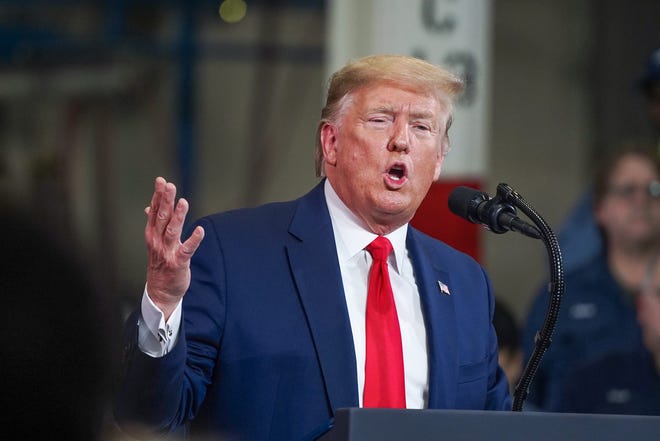 President Donald J. Trump speaks to a crowd during a visit to Dana Incorporated in Warren, Michigan on Thursday, January 30, 2020. Trump visited the state after signing a revised U.S. Mexico Canada Trade Agreement. [Ryan Garza/Detroit Free Press]