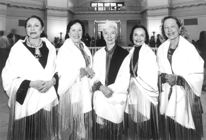 From left, Maria Tallchief, Marjorie Tallchief, Rosella Hightower, Moscelyne Larkin and Yvonne Chouteau are known as the "Five Moons." They are all Native American ballerinas from Oklahoma who achieved fame in the 20th century and left lasting legacies in the arts. [Photo provided]