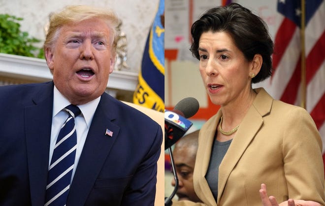 Governor Gina Raimondo, right, is co-chairing a new campaign coalition of left-leaning groups to help the Democratic presidential nominee defeat President Donald Trump. [File]