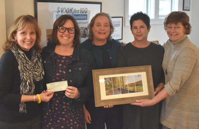 Topsfield artist Meg Black, center, presents a $1,000 donation to Tri-Town Council for Youth & Family Services (TTC). Pictured, from left, are TTC Accounts Manager Bonnie Collins, TTC Executive Director Meredith Shaw, Meg Black, Horizons Director Beth Whalley and TTC Communications and Development Manager Gretchen Rehak. [Courtesy Photo]
