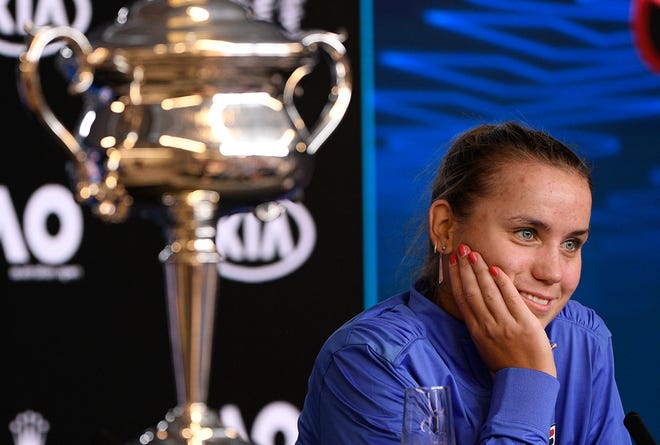 Sofia Kenin of the U.S. answers questions at a press conference following her win over Spain's Garbine Muguruza in the women's final at the Australian Open tennis championship in Melbourne, Australia, Saturday, Feb. 1, 2020. (AP Photo/Andy Brownbill)