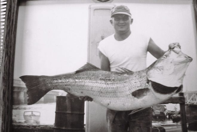 Charlie Cinto, longtime friend and fishing partner of the author, with the 73-pound striper he caught on June 16, 1967 off Cuttyhunk. [Submitted Photo | Charley Soares