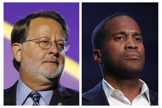 FILE - In this combination of 2018 and 2019 file photos are, from left, Democratic U.S. Sen. Gary Peters, D-Mich., and Republican U.S. Senate candidate John James. James raised $3.5 million in the last quarter, $1 million more than Peters. (AP Photos, File)