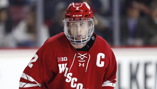 Wisconsin junior defenseman Wyatt Kalynuk has six goals and 16 assists in 26 games with the Badgers this season. [WINSLOW TOWNSON / ASSOCIATED PRESS]