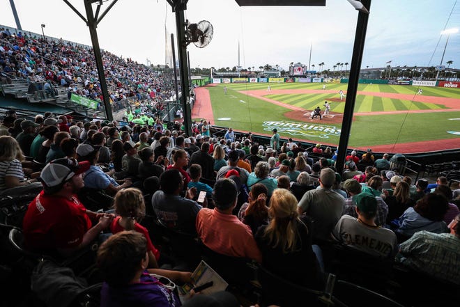Fans packed Jackie Robinson Ballpark for the opening game of the Daytona Tortugas' 2019 season Thursday night in Daytona Beach. Unfortunately, the Tortugas couldn't deliver a Game 1 victory, falling, 5-1, to the Florida Fire Frogs. [News-Journal/Lola Gomez]