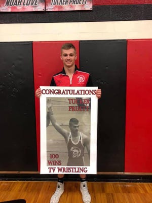 Tusky Valley’s Tucker Pruett recently recorded his 100th wrestling win as a Trojan. Submitted photo