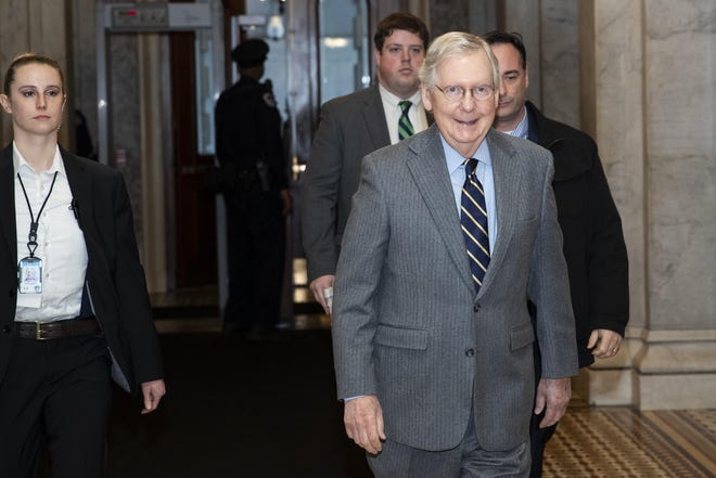 Senate Majority Leader Mitch McConnell of Ky., arrives on Capitol Hill, Monday, in Washington. (AP Photo/Alex Brandon)