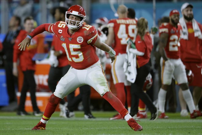 Kansas City Chiefs' quarterback Patrick Mahomes celebrates his touchdown pass to Damien Williams in the the second half of the NFL Super Bowl 54 football game Sunday, Feb. 2, in Miami Gardens, Fla. (AP Photo/John Bazemore)