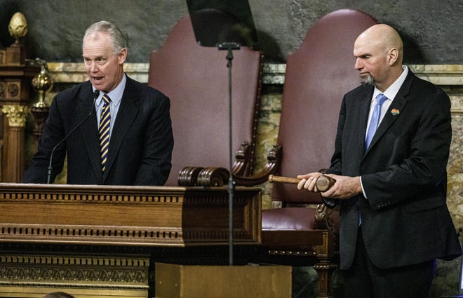 Speaker of the House Rep. Mike Turzai, R-Allegheny, speaks as Lt. Gov. John Fetterman, right, holds the gavel before Gov. Tom Wolf delivers his 2020-21 budget address to a joint session of the General Assembly in the chamber of the House of Representatives in Harrisburg on Tuesday. [Dan Gleiter/The (Harrisburg) Patriot-News]