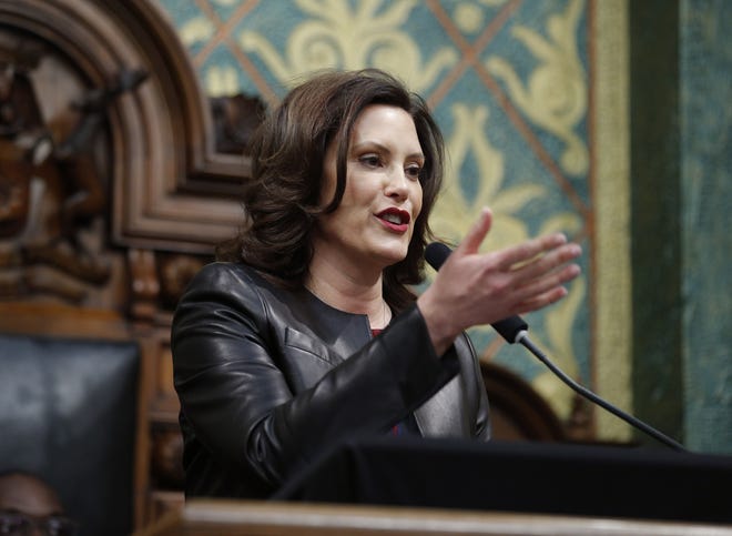 Michigan Gov. Gretchen Whitmer delivers her State of the State address to a joint session of the House and Senate, Wednesday, Jan. 29, 2020, at the state Capitol in Lansing, Mich. (AP Photo/Al Goldis)