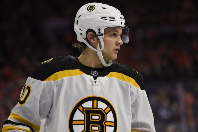 Boston Bruins' Anders Bjork, pictured in a game against the Philadelphia Flyers on Jan. 13, 2020, in Philadelphia, is playing professional hockey in February for the first time in his career. [AP File Photo/Derik Hamilton]