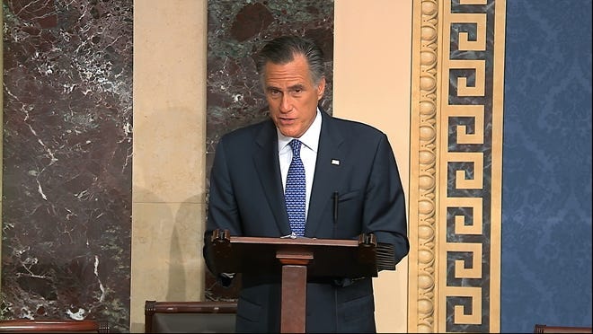 In this image from video, Sen. Mitt Romney, R-Utah, speaks on the Senate floor about the impeachment trial against President Donald Trump at the U.S. Capitol in Washington on Wednesday. The Senate voted to acquit Trump. [Senate Television via AP]