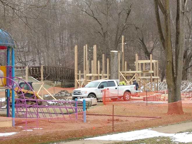 Workers from Shrock Construction, Loudonville, are at work building the treehouse playground array in Riverside Park in Loudonville. Kristy Spreng and Angie Heffelfinger, co-founders of Growing Mohican Families, report they have reached their $125,000 goal to fund the project, and extended thanks to all who contributed.