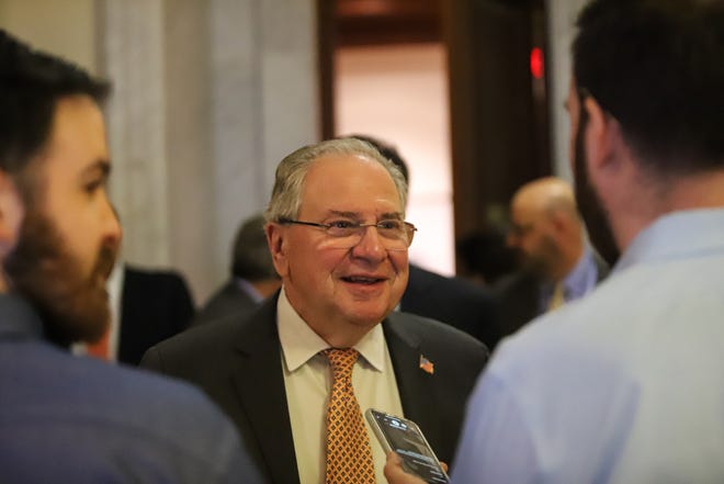 House Speaker Robert DeLeo told reporters Wednesday that a bill the House plans to vote on is not meant to reopen a debate surrounding cannabis sales but clarify the powers of the Cannabis Control Commission. [Photo: Chris Van Buskirk/SHNS]