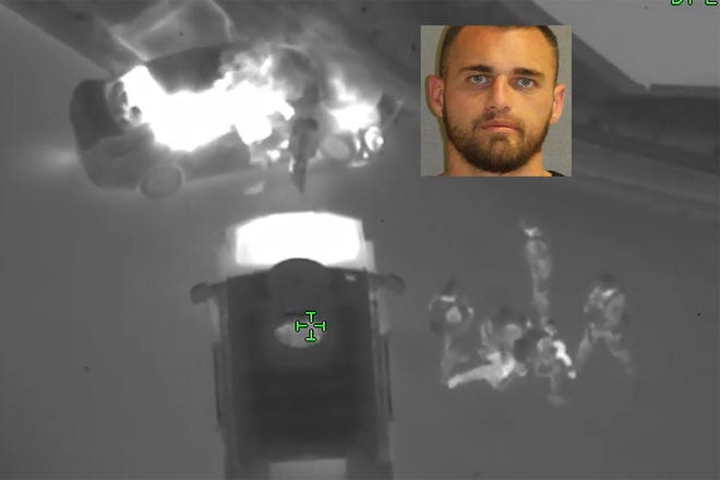 Authorities said a suspect, Dillon Calisi, a felon and gang member, attacked an Ormond Beach police officer early Sunday at a gas station and fled. After crashing, he armed himself with a revolver and held off officers for two hours until a SWAT team arrived on scene gassed him out and arrested him, authorities said. (Volusia County Sheriff‘s Office]