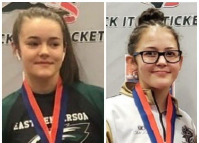 Two area high school girls wrestlers had third-place finishes Saturday at the girls state wrestling tournament in Concord: East Henderson's Eva Keefauver, left, and North Henderson's Glennin Hansen. [SUBMITTED PHOTOS}