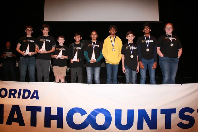 The top nine mathletes pictured from right to left are: Lilliann Markowitz, McKeel Academy of Technology, 10th place; Pranav Gunjala, Lawton Chiles Middle Academy, ninth place; Samuel Frierson, Lakeland Highlands Middle School, eighth place; Sahil Ande, Lawton Chiles Middle Academy, seventh place; Rahee Patel, Lakeland Highlands Middle School, fifth place; Abraham Medina, Jewett Academy Middle School, fourth place; Xander White, Lakeland Highlands Middle School; Alexander Andrade, Lawton Chiles Middle Academy, second place; Nicholas Kieffer, Lawton Chiles Middle Academy. Not pictured is Mohan Nakka, Lawton Chiles Middle Academy, who took sixth place.