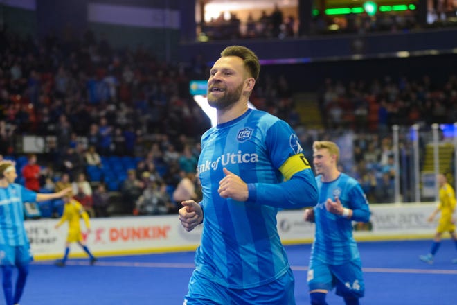 Utica City FC‘s Bo Jelovac celebrates one of his three goals during an 11-3 win over the Rochester Lancers in a Major Arena Soccer League (MASL) Eastern Division game on Sunday at the Adirondack Bank Center at Utica Memorial Auditorium. [LINDSAY A. MOGLE/ UTICA COMETS]