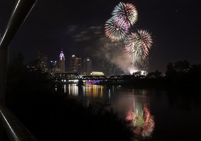 Two Ohio legislators want to legalize private firework use, but opponents say such a move could be dangerous. Fireworks explode over the Scioto River during the Red, White and Boom event in Downtown Columbus, Ohio on July 3, 2019. [Brooke LaValley/Dispatch]