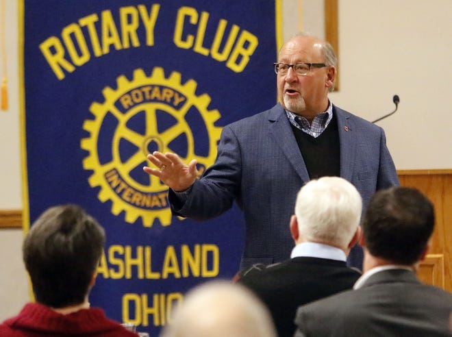 Bob DiBiasio, Cleveland Indians senior vice president of public affairs, addresses the Rotary Club of Ashland about the upcoming Tribe season Tuesday at Ashland University’s John C. Myers Convocation Center.