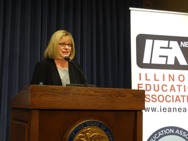 Kathi Griffin, president of the Illinois Education Association, discusses a new survey about attitudes toward Illinois public schools during a news conference Tuesday at the Capitol in Springfield. (PETER HANCOCK/CAPITOL NEWS ILLINOIS)