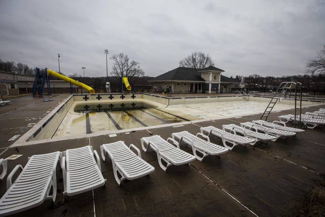 The Newton Pool is seen on Monday, just hours before the Town Council approved a contract with All State Technology for work to reopen the pool by this year‘s swim season. The shallow end of the pool, right, will get ramps and steps for the disabled and young, and the deep end, left, will be raised to provide for better drainage under the pool. [Photo by Daniel Freel/New Jersey Herald (NJH)]