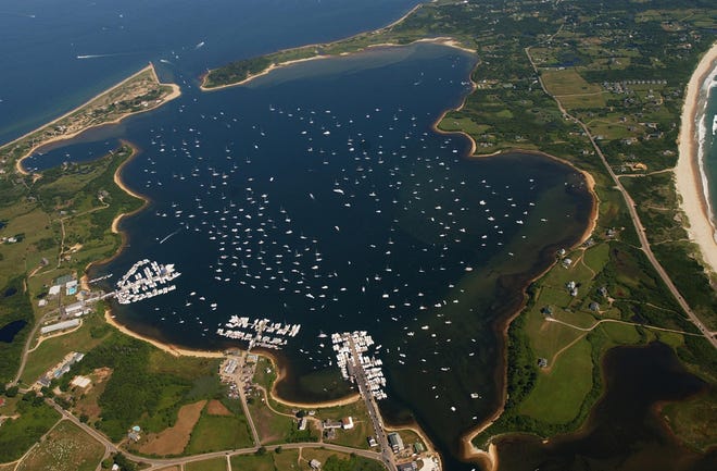 Block Island’s Champlin's Marina, whose trident-shaped piers are visible at left. [The Providence Journal file / John Freidah]