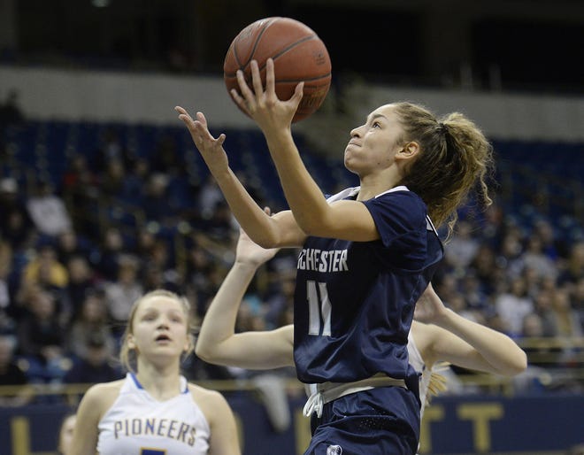 Rochester's Corynne Hauser drives to the basket during last year’s WPIAL Class 1A championship game against West Greene. The two teams are the top two seeds in this year’s tournament as well. [Sally Maxson/For BCT]