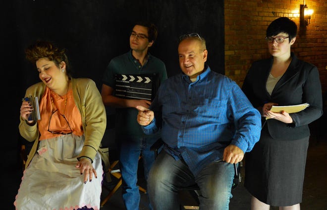 R-ACT Theatre’s Jeralyn Tatano, Joe Sible, John Basinger and Anna McAnallen, from left, rehearse a scene from “Murder at the Movies,” being presented the next two weekends at the Rochester Borough Theater. [Submitted]