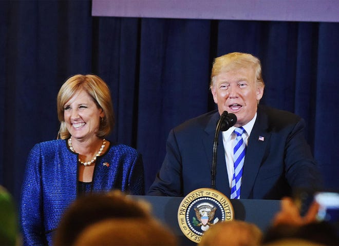 President Donald Trump speaks to a crowd at a fundraiser for Congresswoman Claudia Tenney Aug. 13, 2018, at Doubletree by Hilton Hotel Utica. Trump endorsed Claudia Tenney on Wednesday in her race to take back New York’s 22nd Congressional District seat. [OBSERVER-DISPATCH FILE PHOTO]