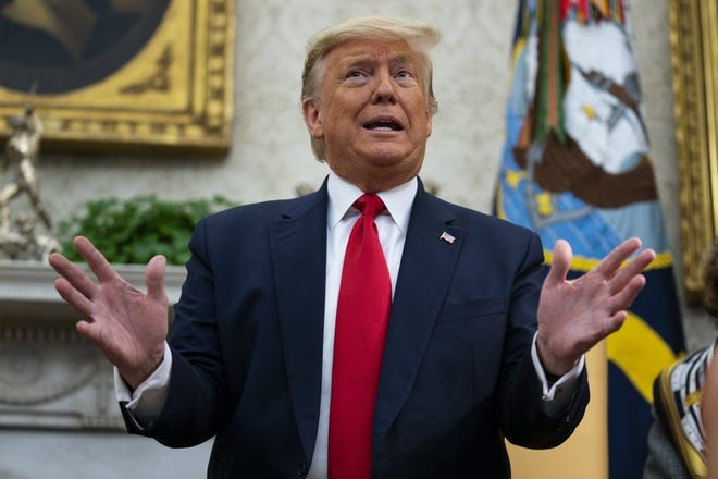 President Donald Trump speaks during a meeting with Ecuadorian President Lenin Moreno in the Oval Office of the White House, Wednesday, Feb. 12, 2020, in Washington. (AP Photo/Evan Vucci)