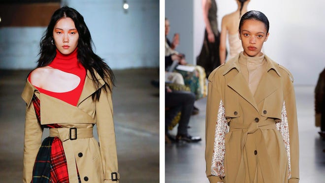 From left, Monse fall-winter 2020-21 collection and Jonathan Simkhai's fall-winter 2020-21 collection put a new spin on the trench coat. [Jonas Gustavsson/MCV Photo via The Washington Post]