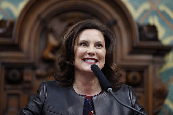 In this Jan. 29, 2020, file photo, Michigan Gov. Gretchen Whitmer delivers her State of the State address to a joint session of the House and Senate, at the state Capitol in Lansing, Mich. Senate Republicans on Thursday, Feb. 13, 2020, blocked Democrat Whitmer's appointee to the state commission that regulates hunting and fishing, which Democrats said was payback because Whitmer refused to pull a separate nominee who is opposed by gun-rights groups. The GOP-led Senate's 20-16 vote to reject Anna Mitterling of Mason for a spot on the Natural Resources Commission marked the first time in nearly a decade that the chamber officially rejected a governor's nominee. (AP Photo/Al Goldis, File)