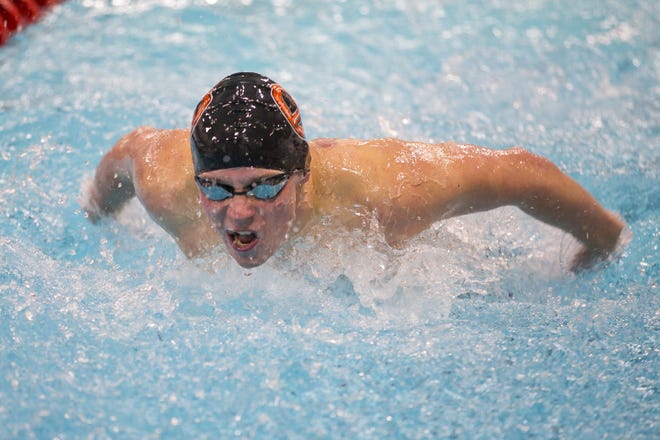 Freeport senior Joe Mercier is the No. 1 seed in the 100-yard butterfly Saturday at Harlem. No Pretzel has won a NIC-10 boys swimming or diving individual title in the last 12 years. [SCOTT P. YATES/THE JOURNAL-STANDARD STAFF]