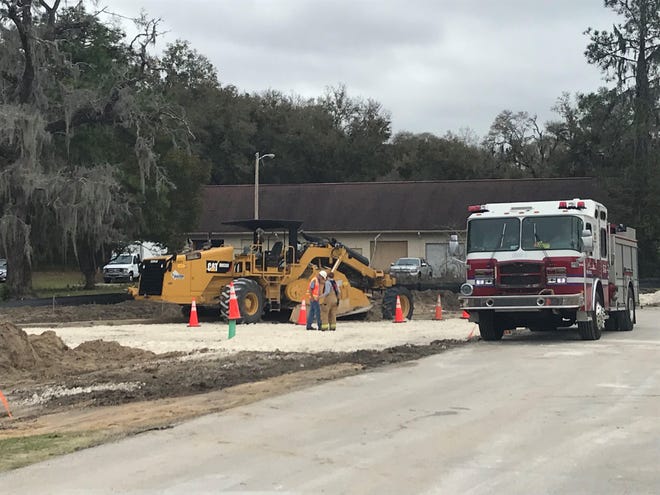 A construction worker was injured Friday after striking a gas line with heavy machinery. [Photo: Ocala Fire-Rescue]