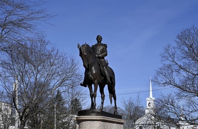 Draper Memorial Park in Milford features the 108-year-old statue of Civil War Gen. William F. Draper. [Daily News and WIcked Local Staff Photo / Ken McGagh]