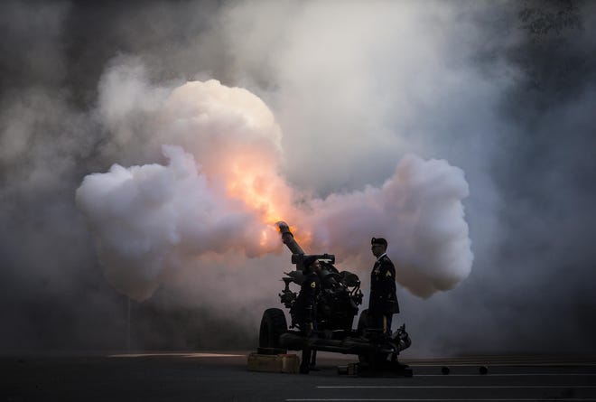 This image, taken as three howitzer cannons fired during a 9/11 rememberance ceremony at Picatinny Arsenal on Sept. 11, 2019, in Jefferson, was awarded the first-place general news photo in the New Jersey Press Association's 2019 contest. [Photo by Daniel Freel/New Jersey Herald (NJH)]